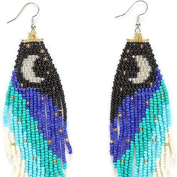 Crescent Moon Night Long 5" Earrings Handmade Beaded Oversized Blue Black - Picture 2 of 7